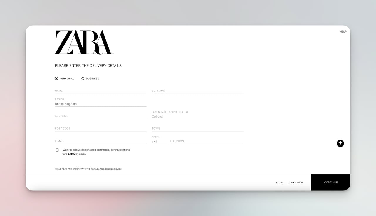Zara checkout page