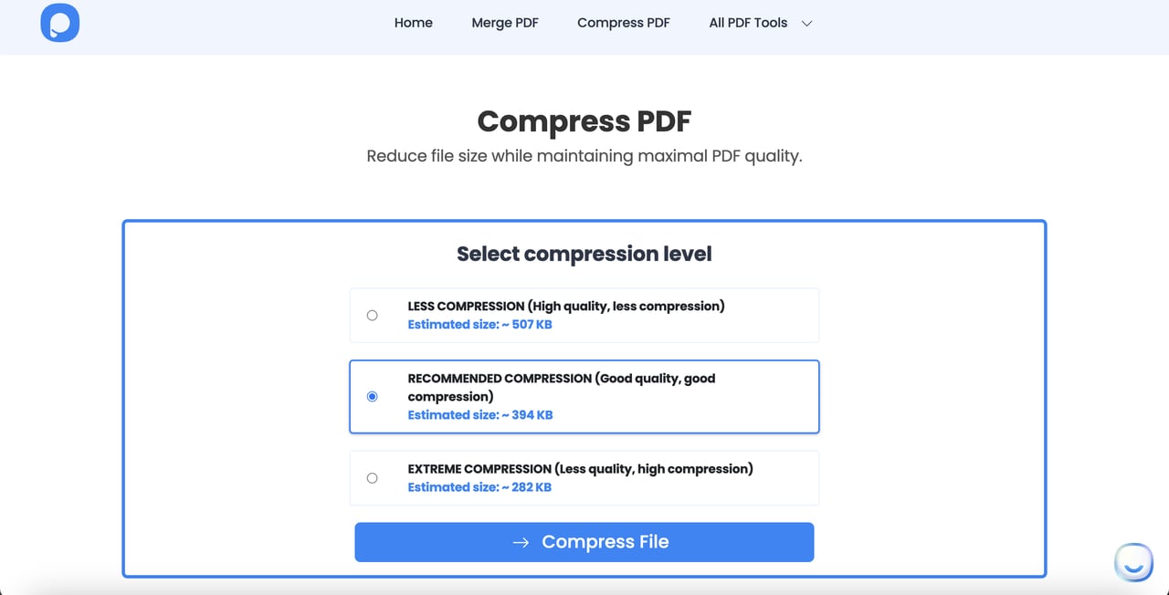 compression level and compress file button for Compress PDF for Popupsmart