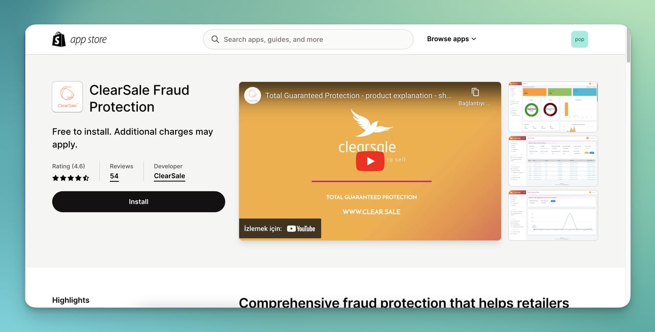 third party app Clearsale for fraud protection app store view