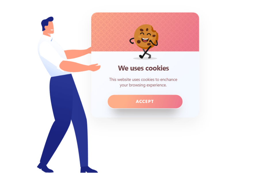 an example of cookie consent popup which has a man illustration holds the popup in his hands