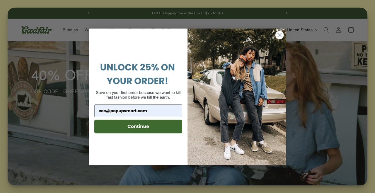 Satın alma davranış segmentasyonuna dayalı olarak ilk kez alışveriş yapanlar için Goodfair popup