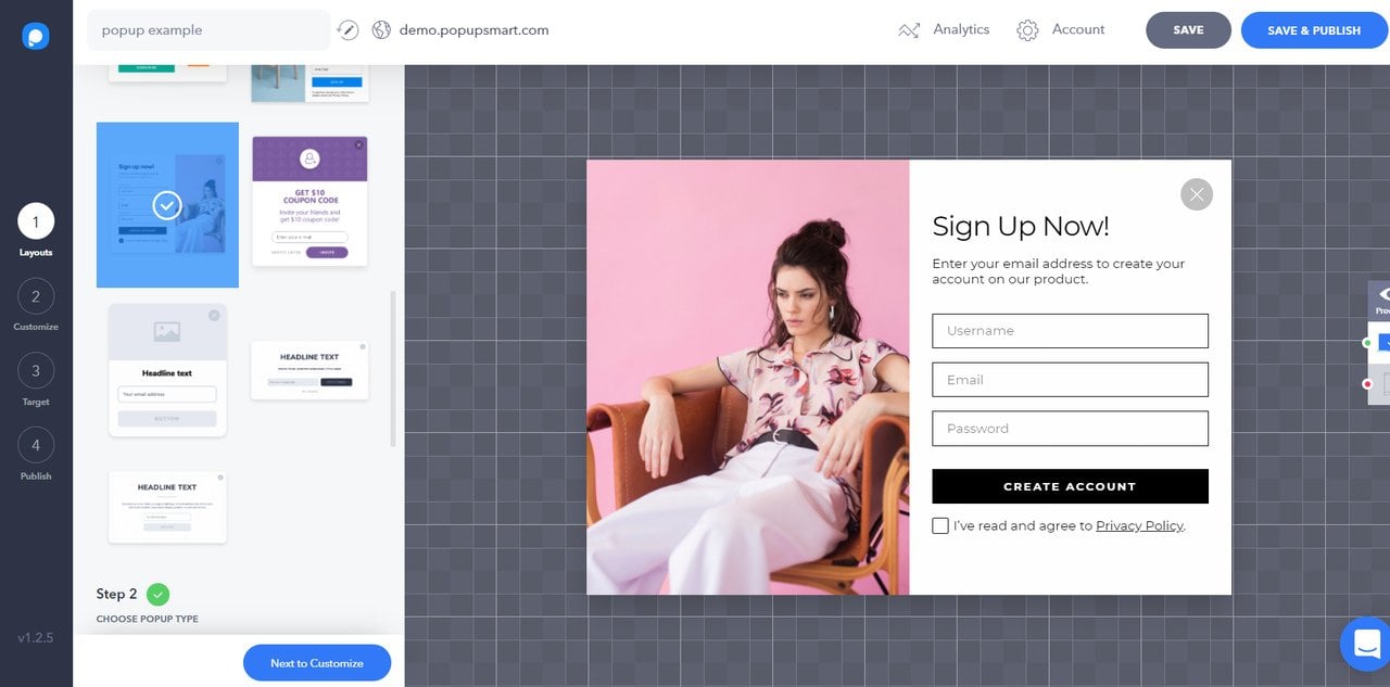 Popupsmart kontrol panelinde popup örneği