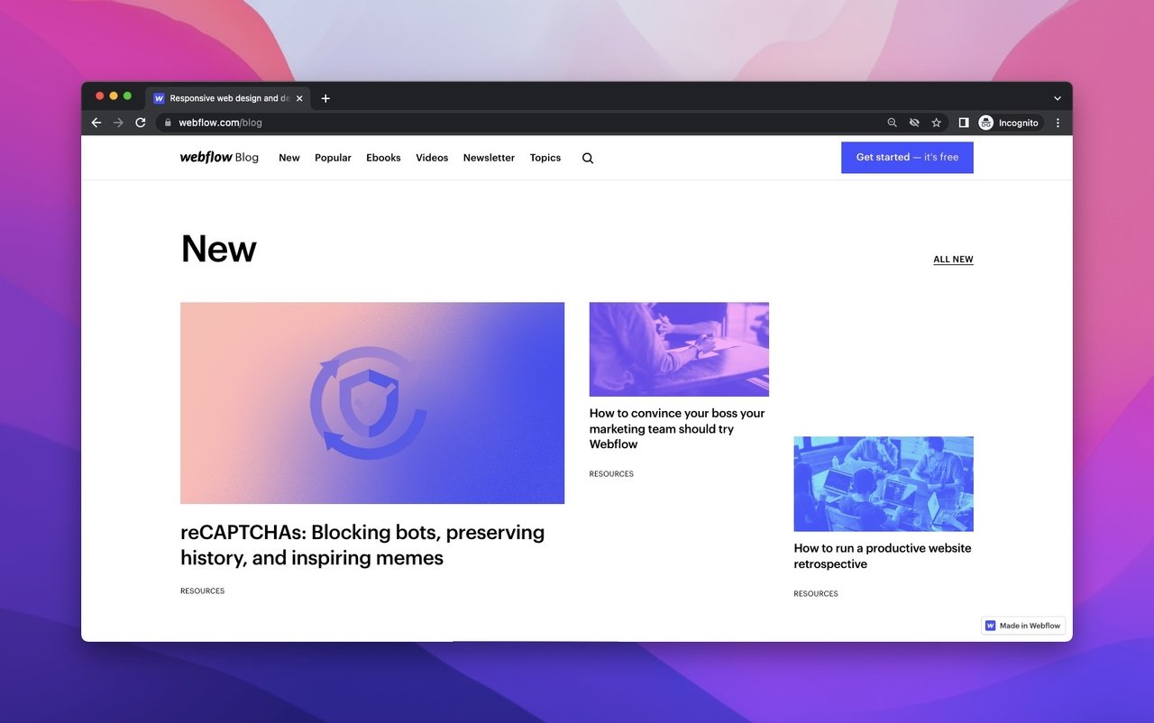 Beyaz bir arka plan üzerinde büyük ve küçük kapaklarla başlıkları bulunan Webflow blog sayfası