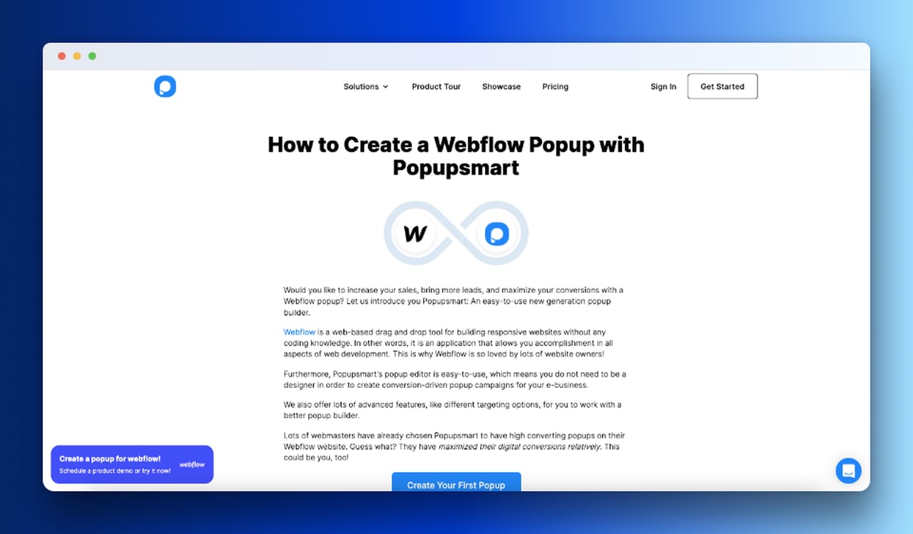 Webflow ve Popupsmart entegrasyon sayfası