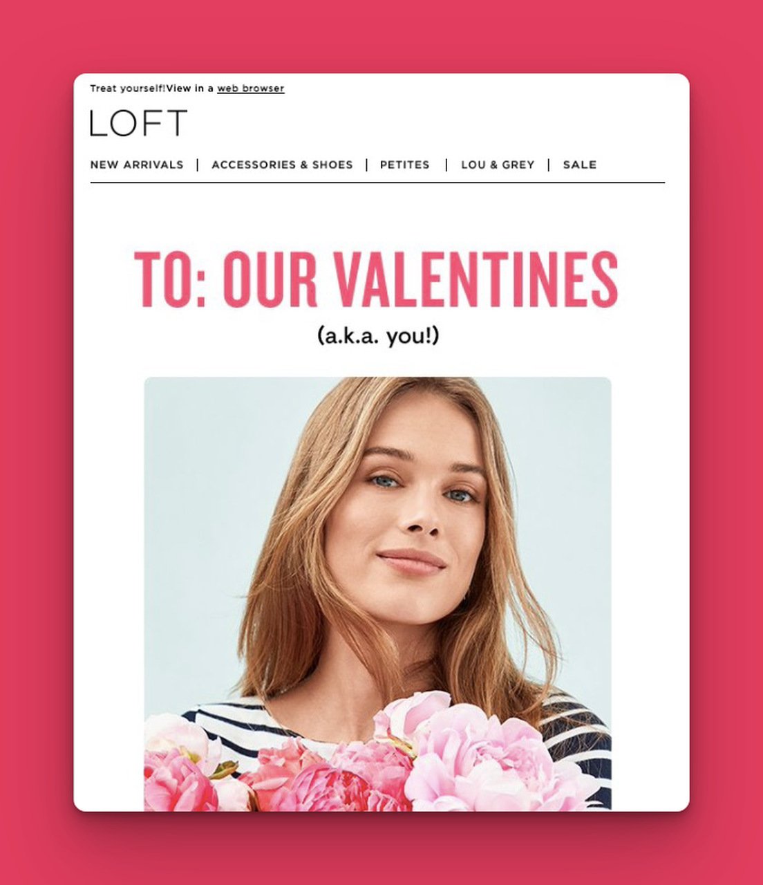 Çiçek tutan bir kızın yer aldığı ve müşterilere hitap eden LOFT e-posta örneği