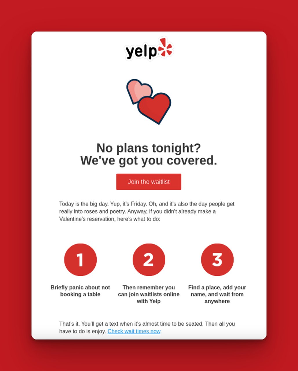 çiftler için plan öneren, kırmızı arka planlı bir Yelp e-posta örneği