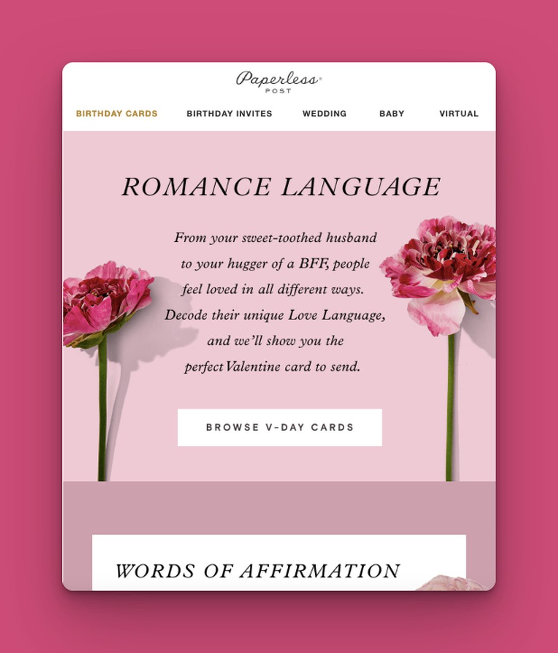 gül ve romantik kelimelerle dolu bir e-posta örneği, aşık dili vurgulayan pembe arka plan