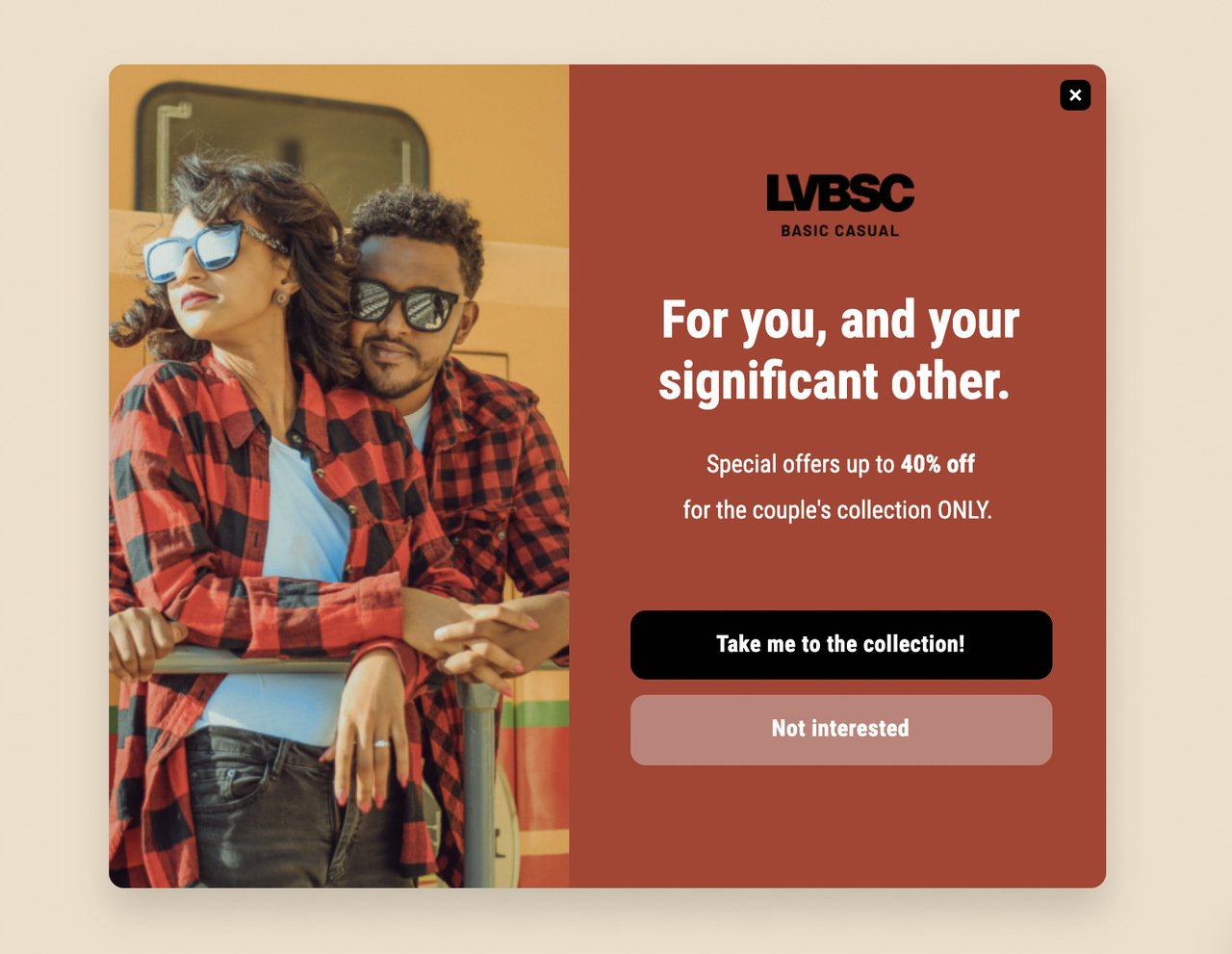 Ortalama sipariş değeri için Sevgililer Günü pop-up'ı, “Sizin ve sevgiliniz için.” yazısıyla.