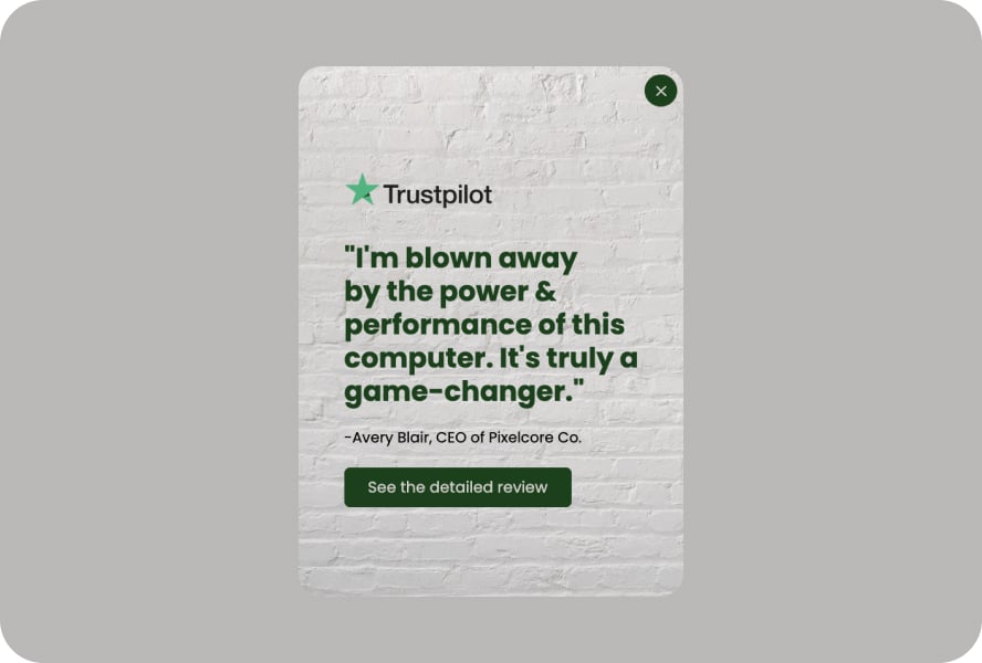 Trustpilot rozetli bir destek pop-up'ı ve ardından 'Ayrıntılı yorumu gör' düğmesi olan bir inceleme