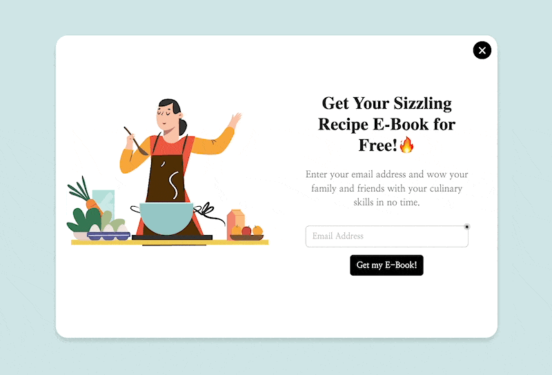 Solda yemek yapan bir kadın illüstrasyonu ve yanında ücretsiz e-kitap teklifi, bir e-posta alanı ve bir buton bulunan animasyonlu ışık kutusu pop-up'ı