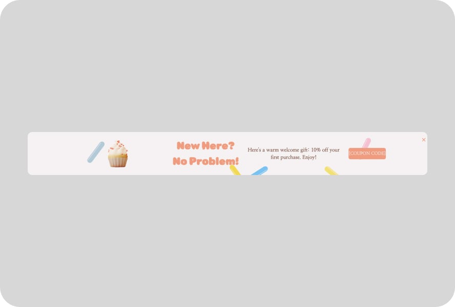 Ortada bir cupcake bulunan ve sağda kısa bir metin ve kupon kodu butonu bulunan floating bar popup örneği