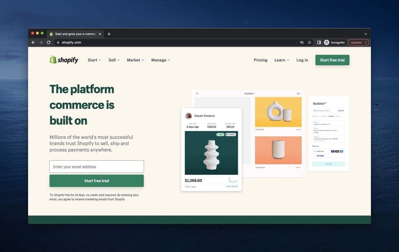 Shopify above the fold example with a product display and email capture bar