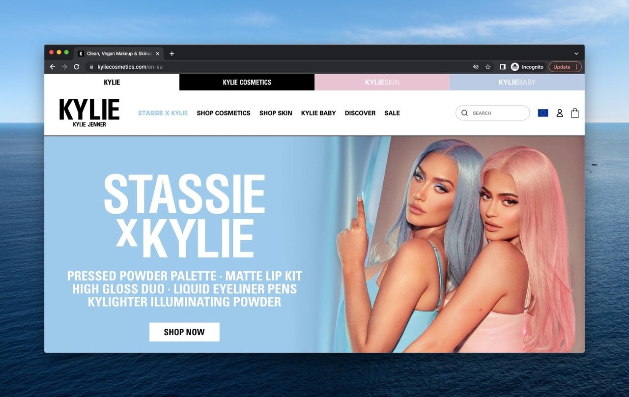 Kylie Cosmetics above the fold example announcing a Kylie x Stassie collaboration