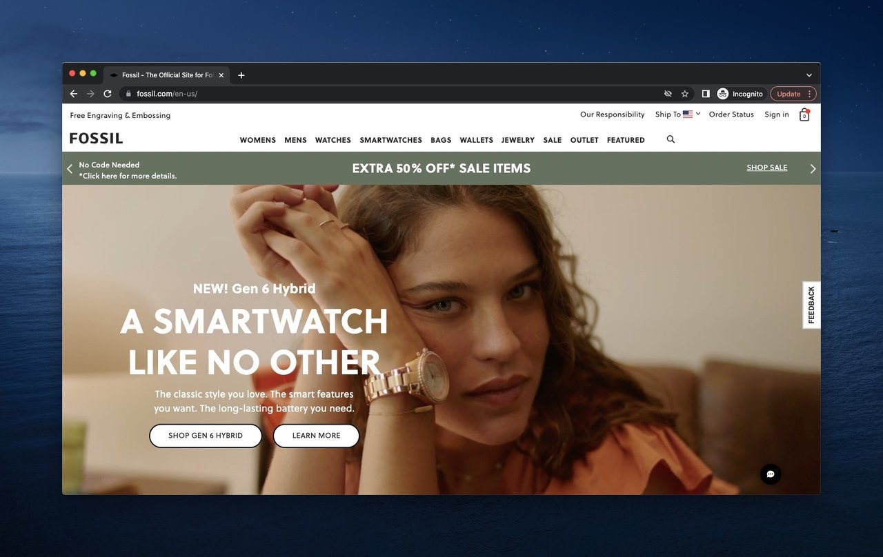 Fossil above the fold example showing a woman wearing a wristwatch