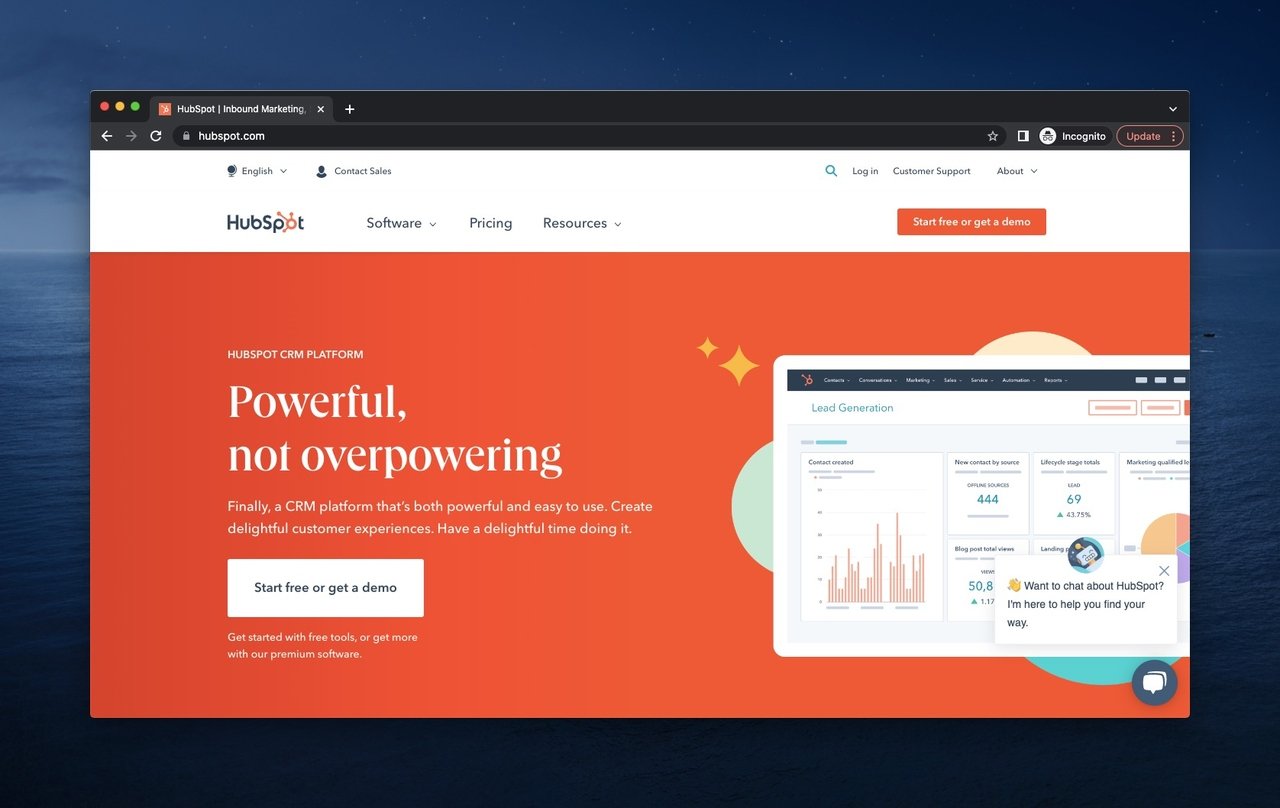 HubSpot above the fold example with a statistics table on an orange background