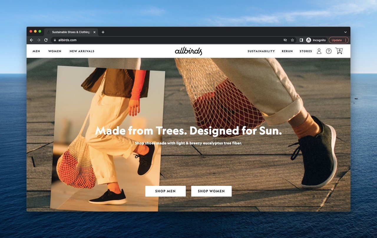 Allbirds above the fold example showing walking legs and shoes made naturally