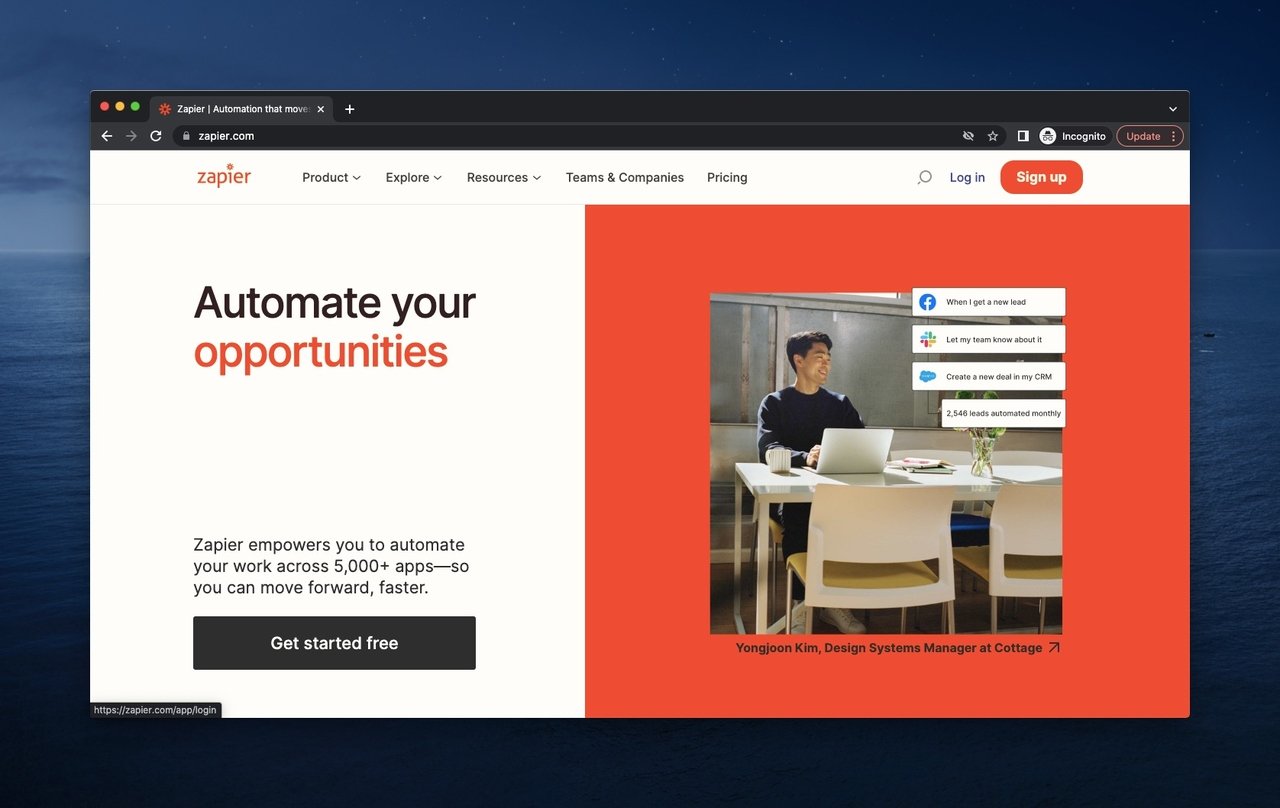 Zapier above the fold example with a split-screen showing a desk worker and CTA features