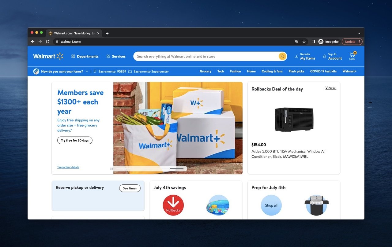 Walmart above the fold example with shopping bags and ecommerce sections