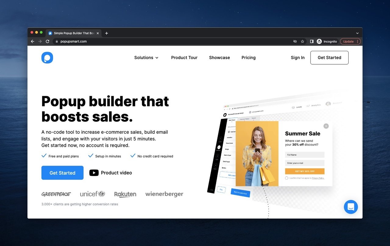 Popupsmart above the fold example with a popup demo introducing the platform
