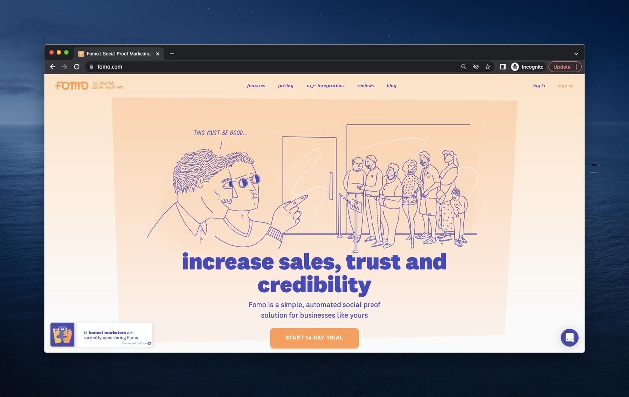 Fomo above the fold example showing two figures pointing to a crowd to drive sales