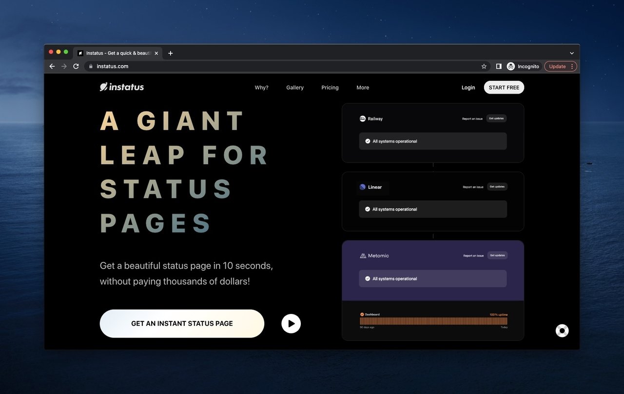Instatus above the fold example with status analyses on a black background