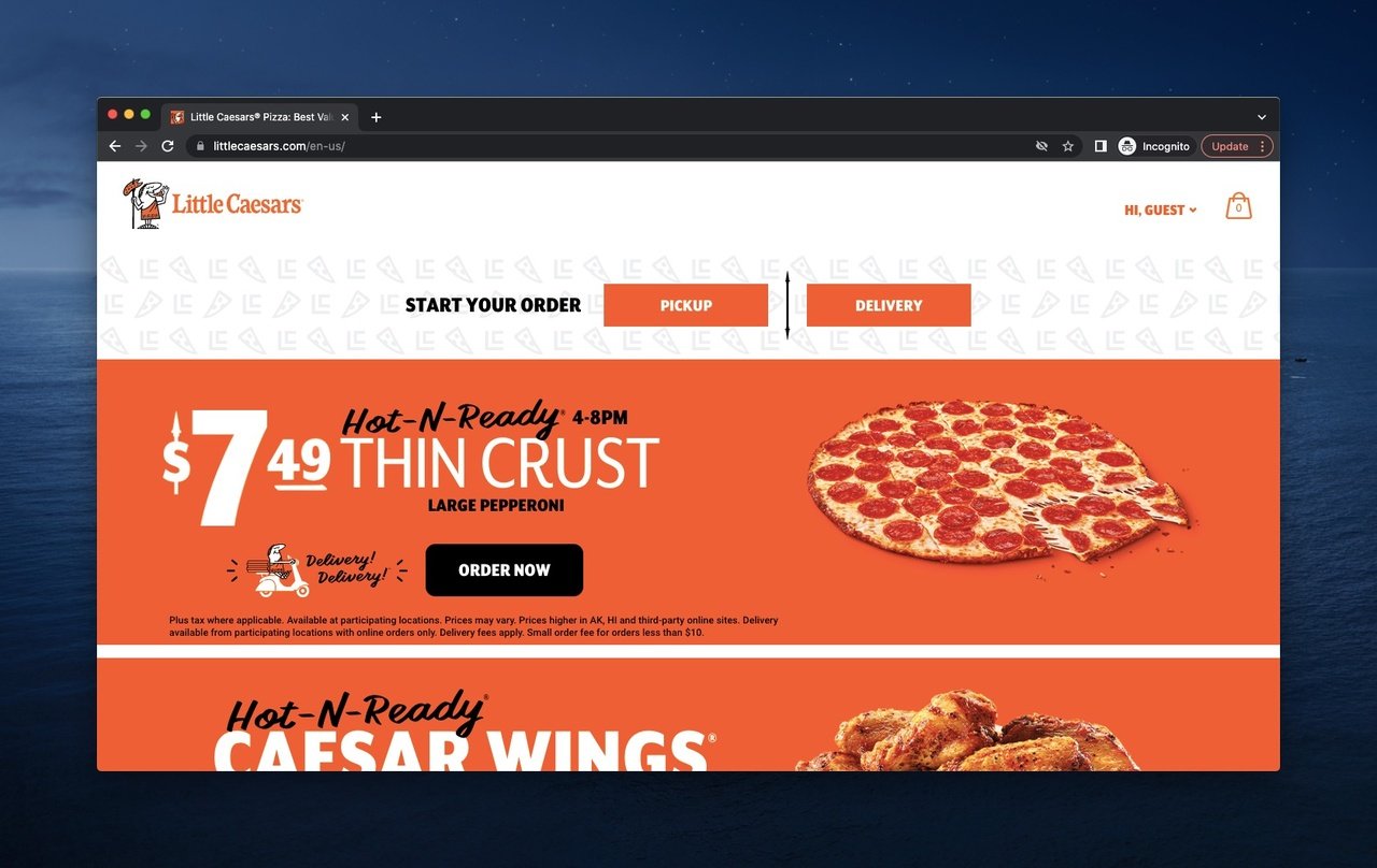 Little Caesars above the fold example with a pizza promotion and price