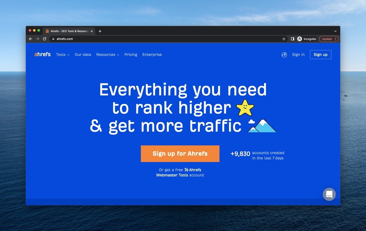 Ahrefs above the fold example with shining star headline on a blue background