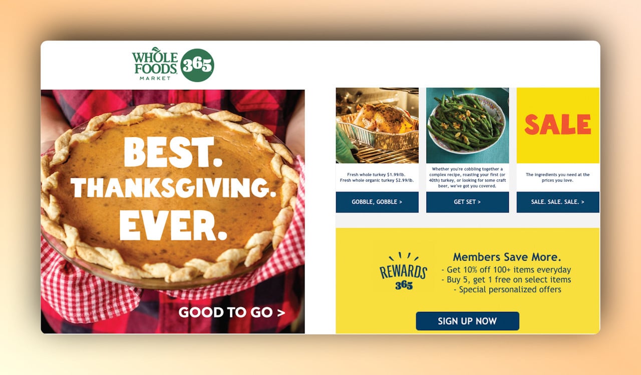 Whole foods market 365'in Şükran Günü e-postasında sol tarafta bir turta resmi ve sağda farklı yiyecek resimleri ile her birinin altında bir CTA