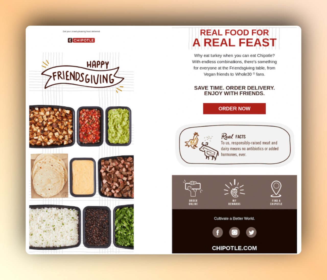Chipotle'nin Şükran Günü yemeği ile ilgili e-postası ve sağ tarafta mesajı