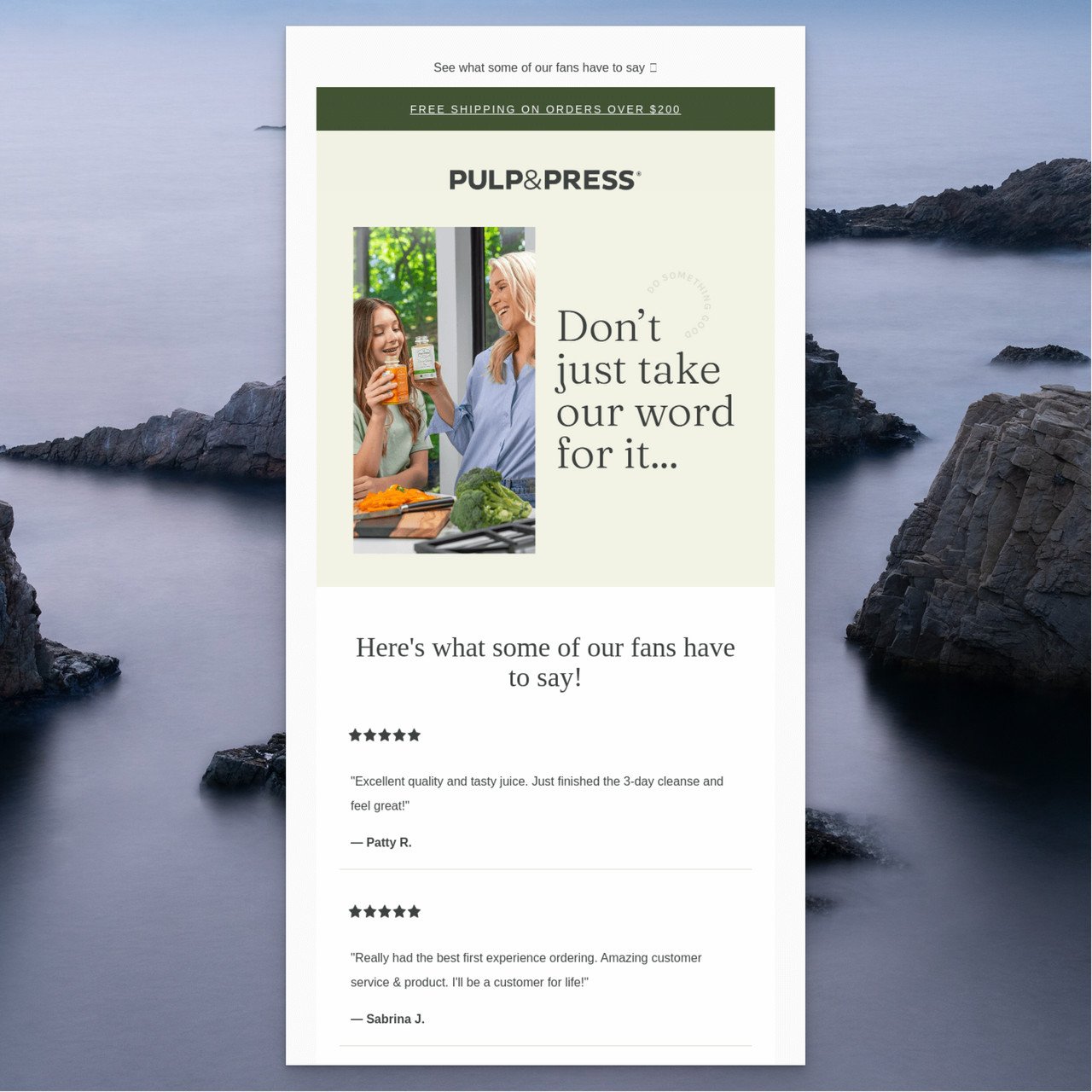 Pulp&Press tarafından yapılan bir müşteri referans örneği, iki kadının şişe kadeh kaldırması yanında "Sadece bizim sözlerimize inanmayın..." başlığı ve müşteri yorumlarıyla