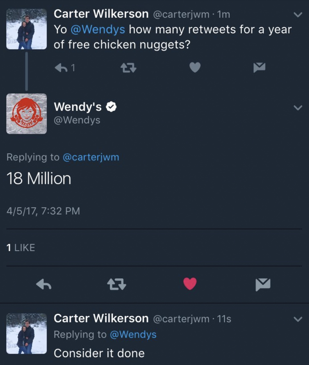 Carter Wilkerson'ın Wendy's'ten bedava nugget istediği tweet, Wendy's'in yanıtı ve beğen, yanıtla, retweet butonlarını içeren görüntü