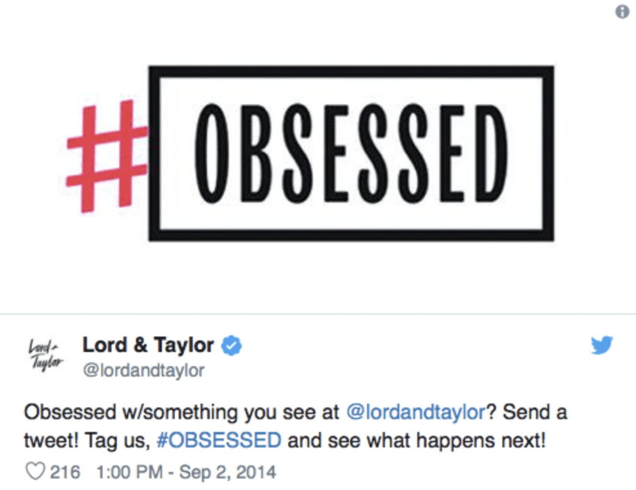 a tweet by Lord and Taylor asking followers to share product images with the image of #obsessed above
