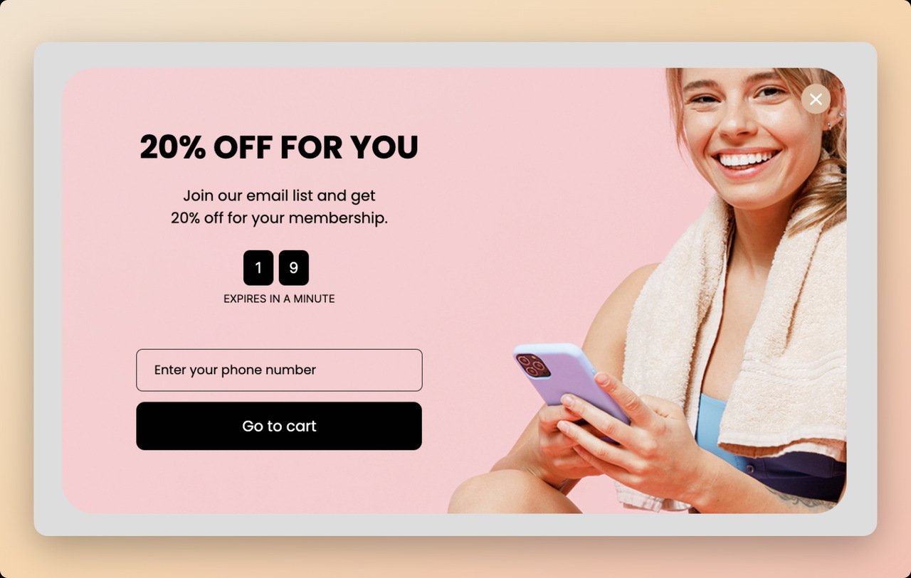 Popupsmart SMS popup template with countdown timer showing a smiling girl and 20% off offer