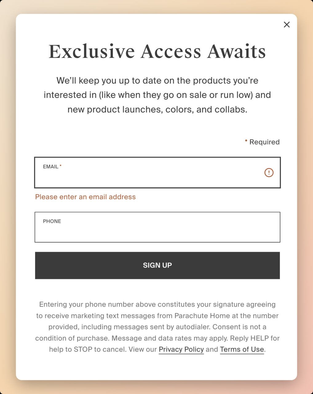 Parachute Home SMS popup with Exclusive Access Awaits headline and email and phone number signup fields