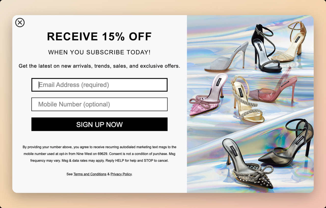 Nine West SMS popup offering 15% off with email and phone fields and shiny high heels image