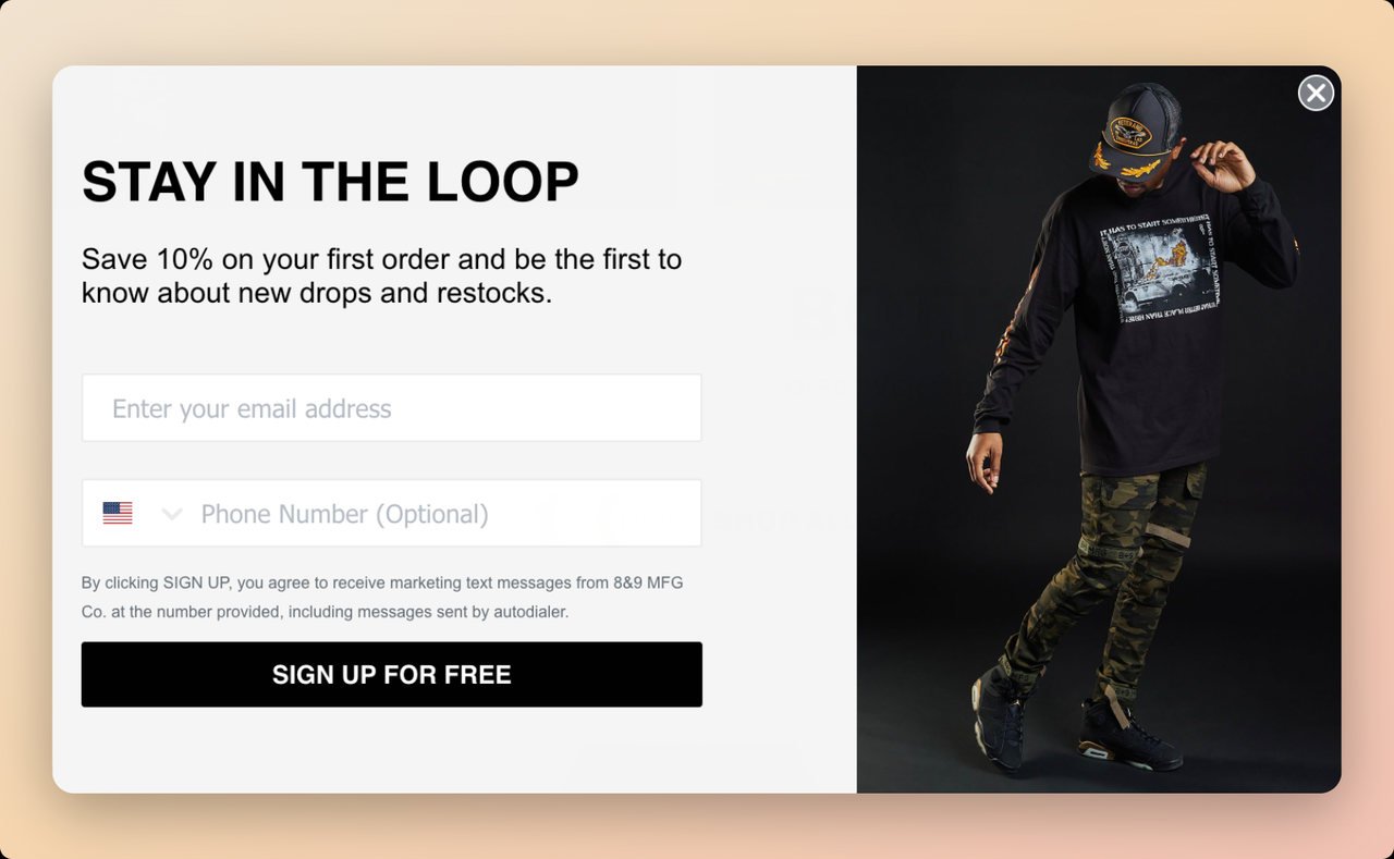 8and9 SMS popup with Stay in the Loop headline and streetwear model wearing the brand products