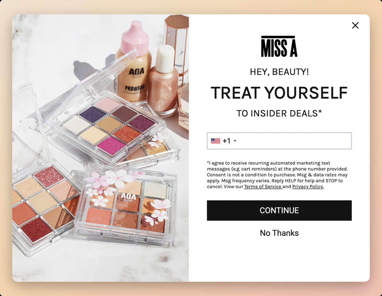 Shopmissa Miss A SMS popup example with a picture of the brands eye shadow palette on the left side and a text on the right side that says Treat yourself to inside deals