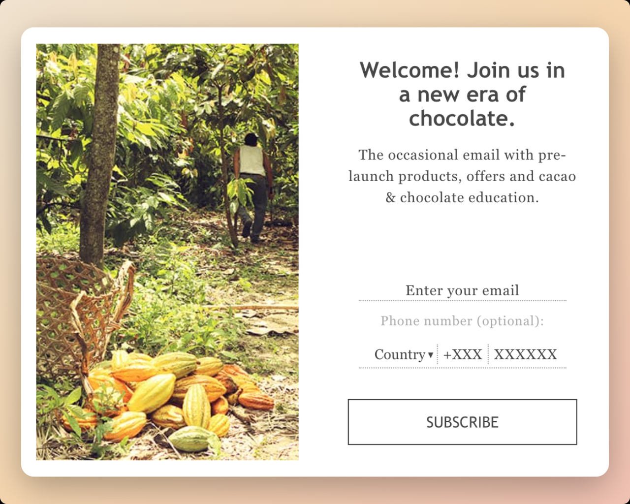 To'ak Chocolate SMS popup with cacao farm image and bold welcome text inviting visitors to join