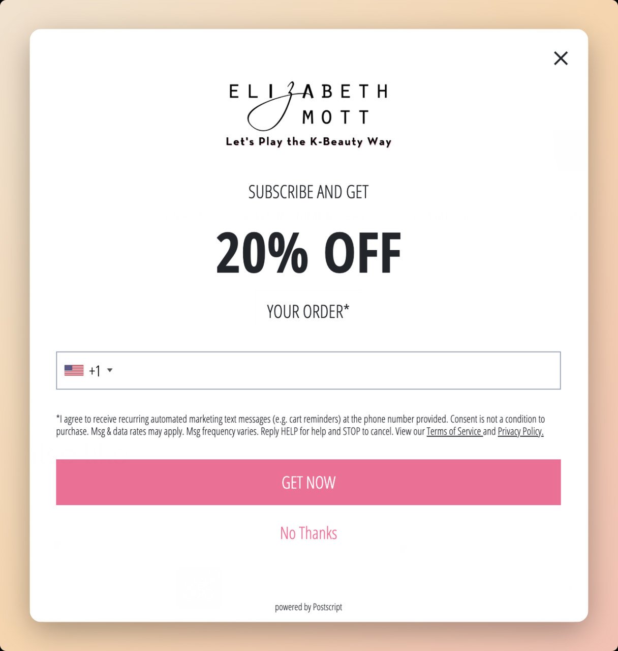 Elizabeth Mott SMS popup example with the brands logo on the top and a text in bold font that says 20% OFF and a pink call to action that says Get Now