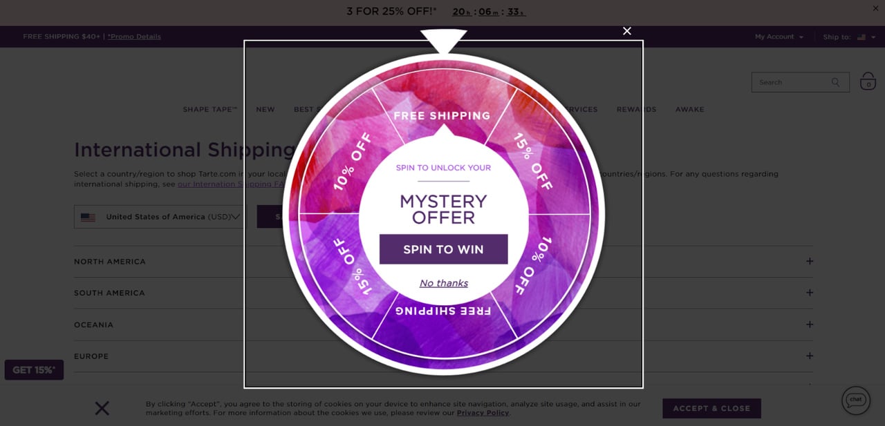 Tarte gamification pop-up penceresi