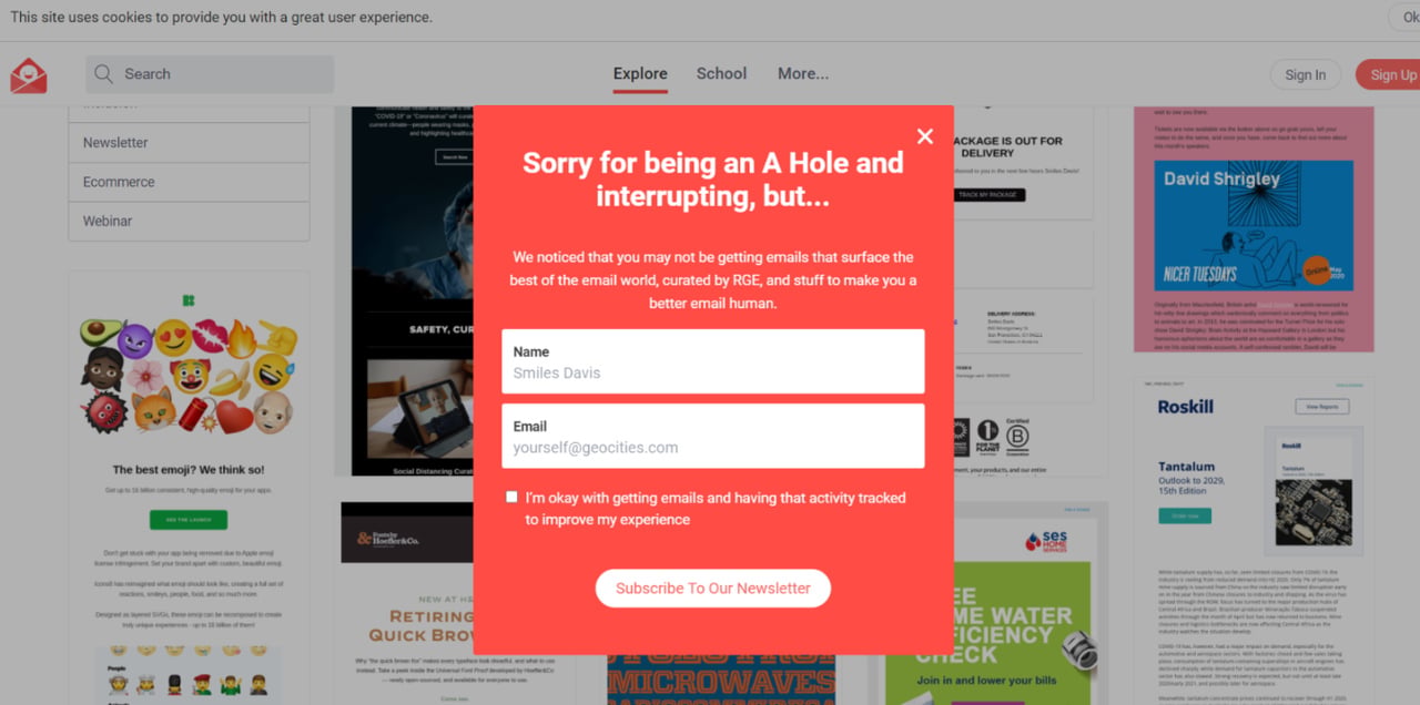 Really Good Emails çıkış pop-up