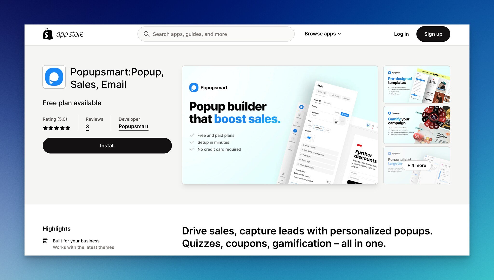Popupsmart’ın Shopify uygulamasının açılış sayfasının ekran görüntüsü