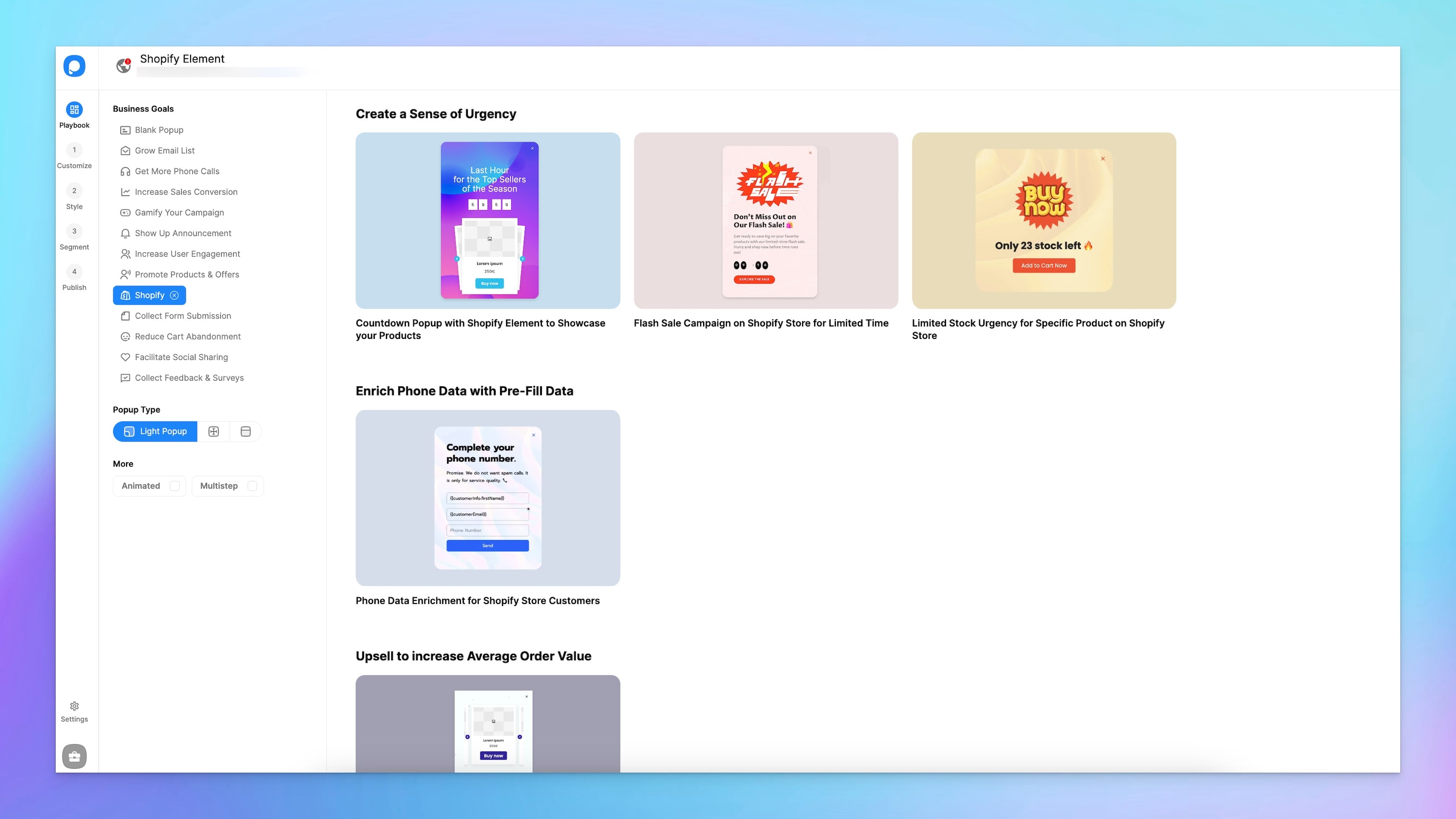 Popupsmart şablon seçim sayfasındaki Shopify şablonları