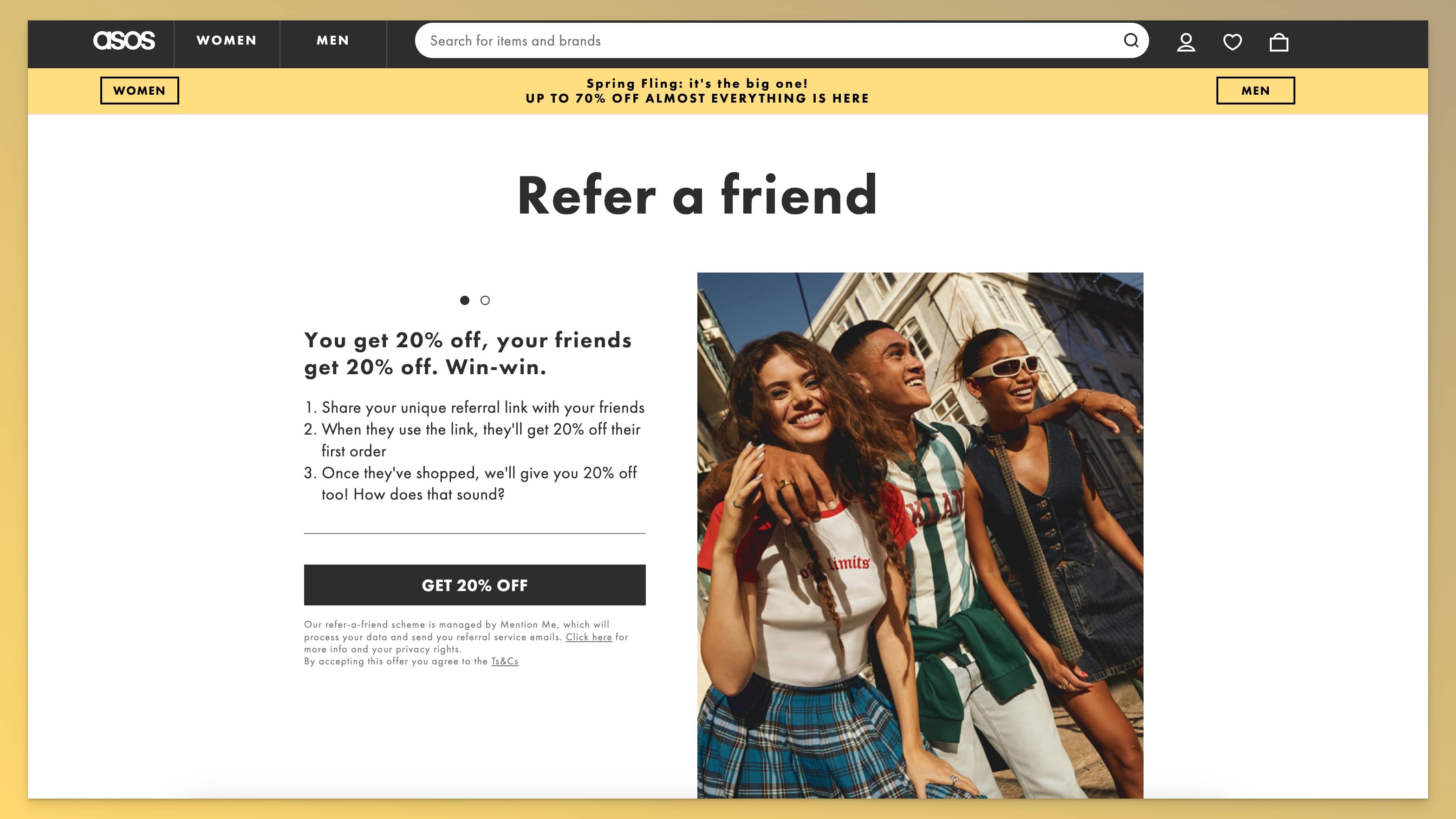 Asos'un web sitesindeki referral programı örneği