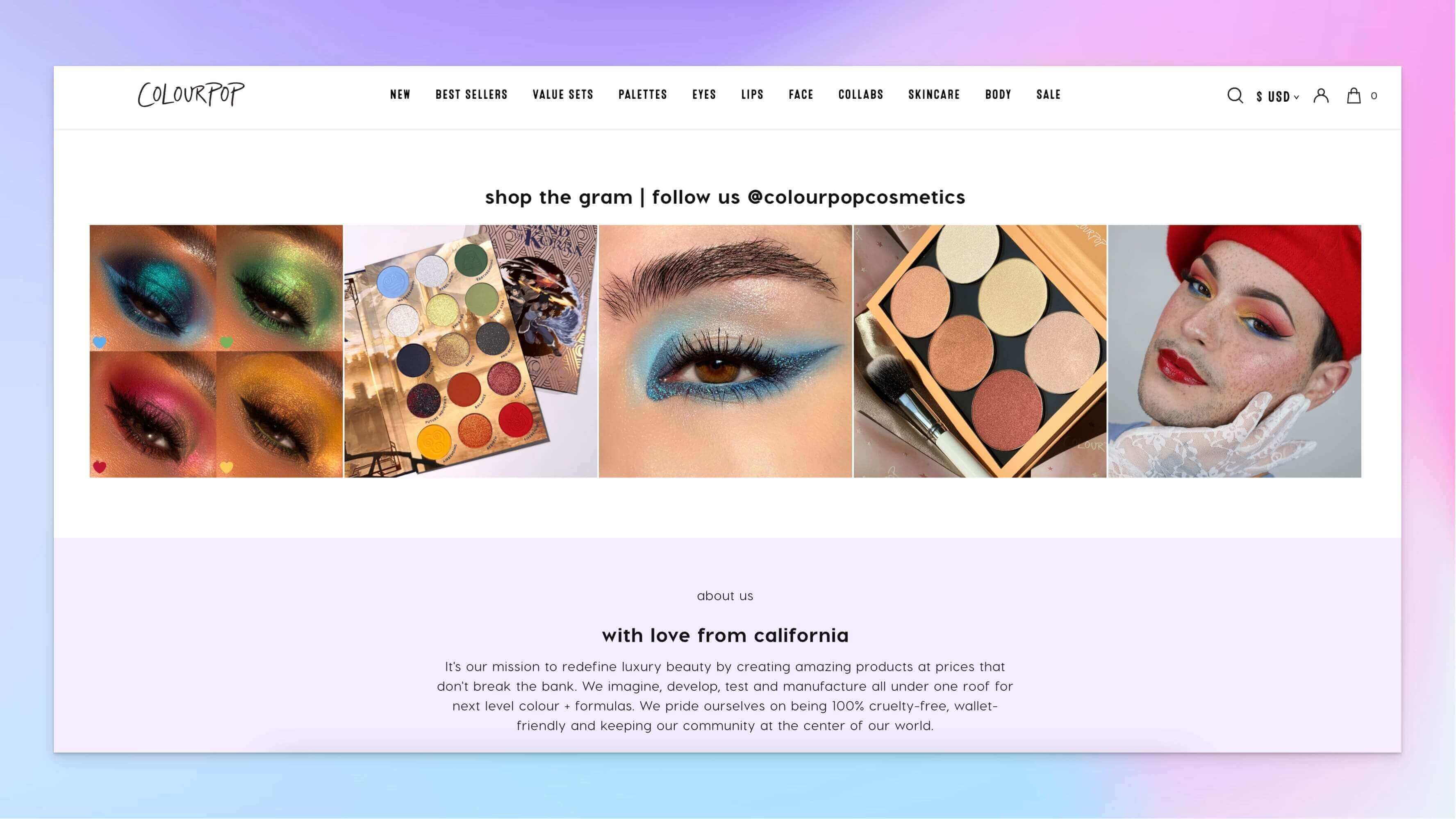 Colourpop'un Instagram sayfasının ana sayfasında