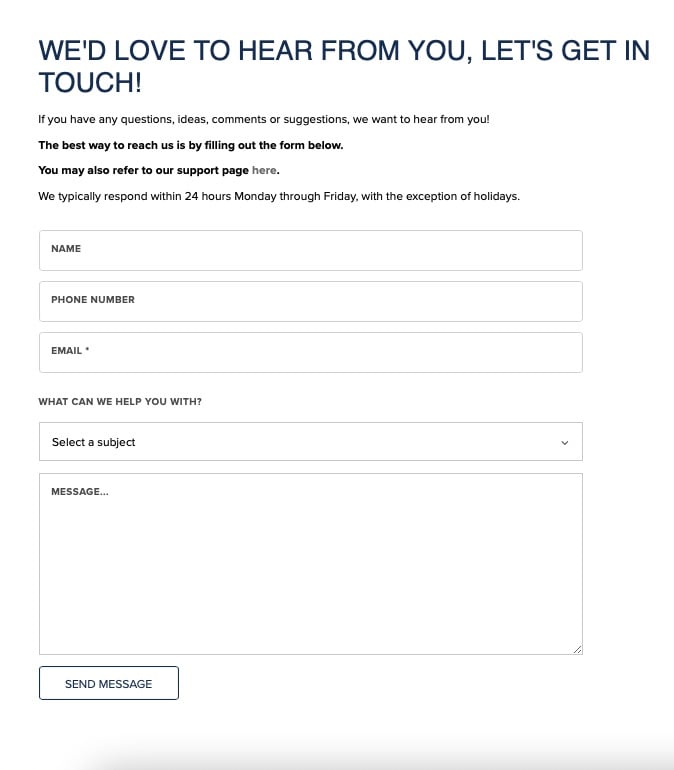Untuckit feedback and contact form example with the headline We'd love to hear from you