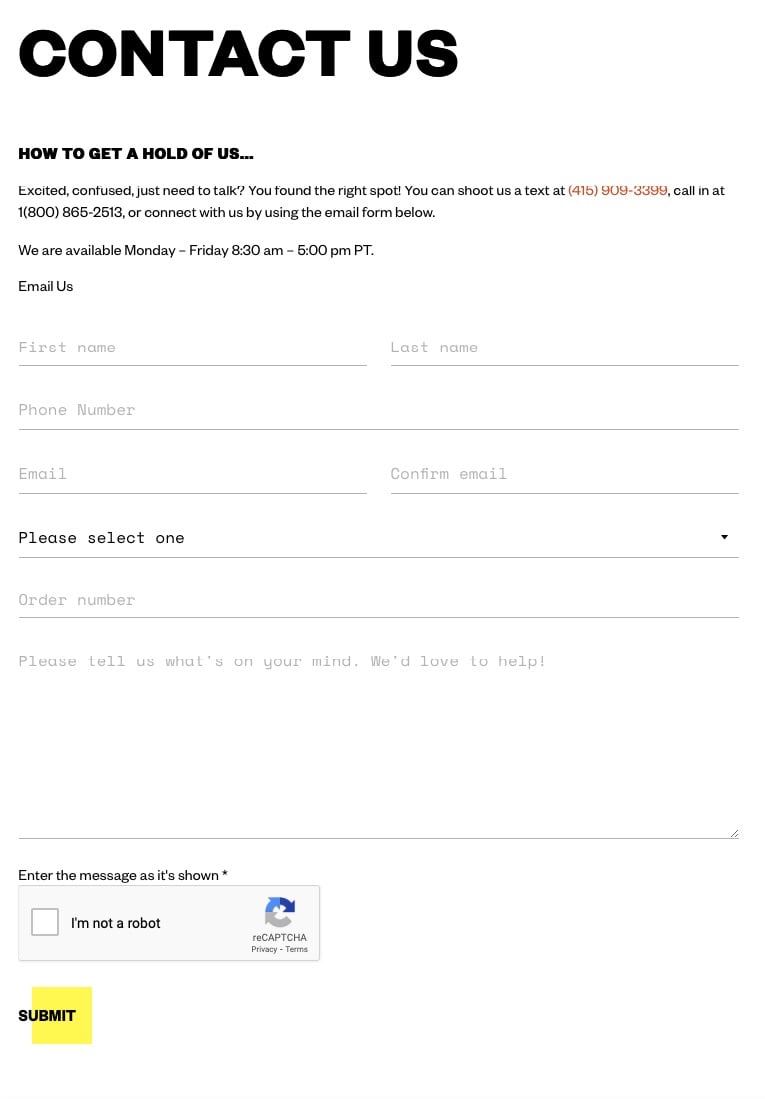 Timbuk2 contact form example with the headline Contact us and brand-colored sections