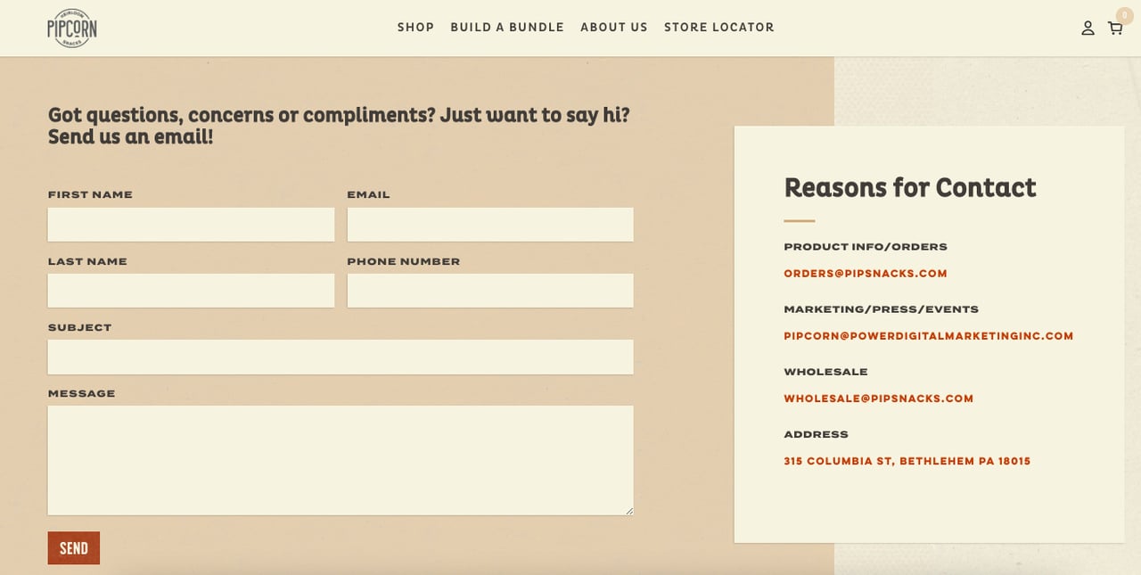 Pipcorn contact form example with the headline Got questions, concerns, or compliments asking visitors to send an email
