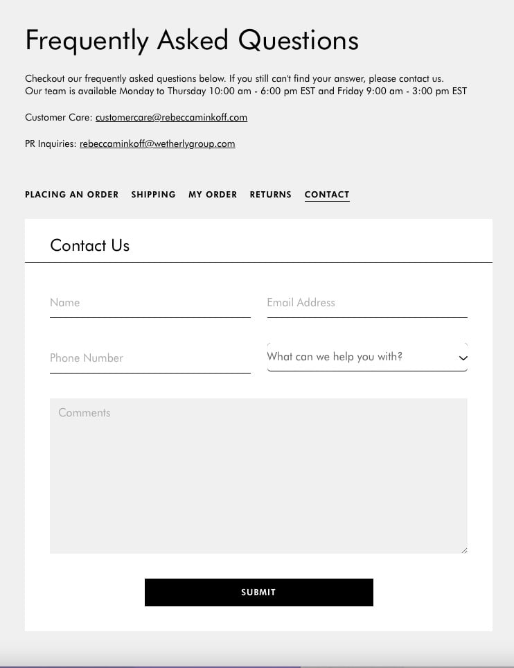 Rebecca Minkoff contact form example starting with frequently asked questions and contact categories