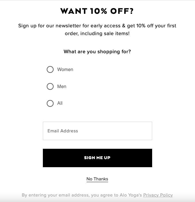 Aloyoga discount popup form example with the headline Want 10 percent off and a What are you shopping for question